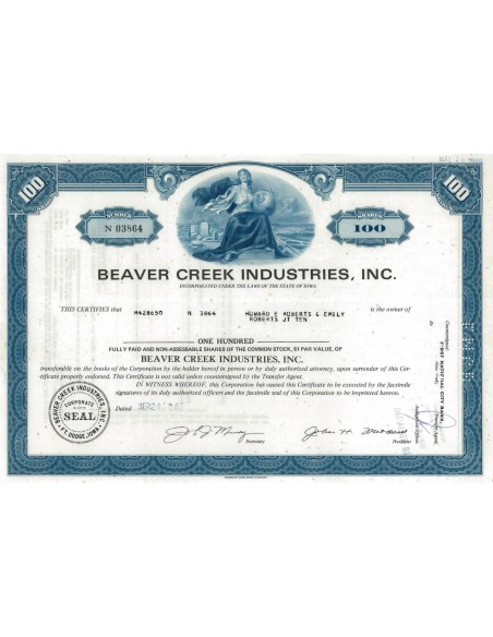 BEAVER CREEK INDUSTRIES, INC. - 100 AZIONI - 1968