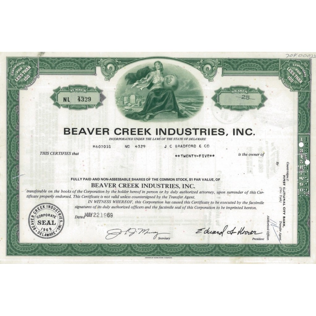 BEAVER CREEK INDUSTRIES, INC. - 25 AZIONI - 1969