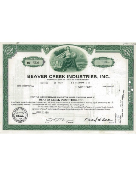 BEAVER CREEK INDUSTRIES, INC. - 25 AZIONI - 1969