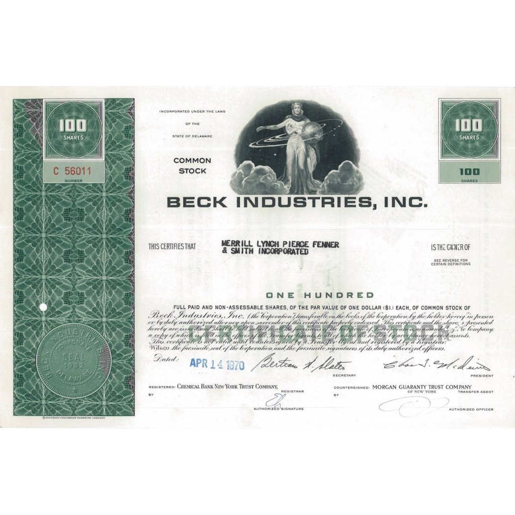 BECK INDUSTRIES, INC. - 100 AZIONI - 1970