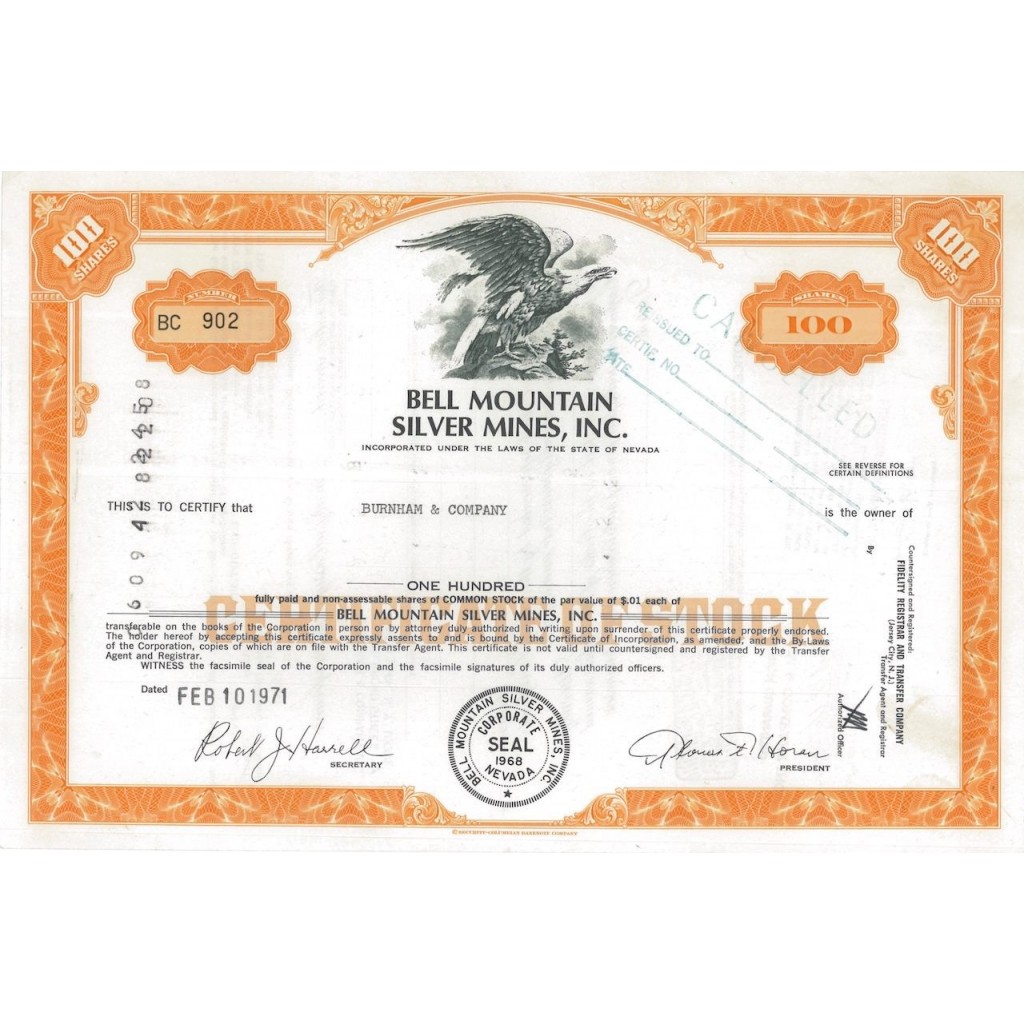 BELL MOUNTAIN SILVER MINES, INC. 100 STOCKS - 1971