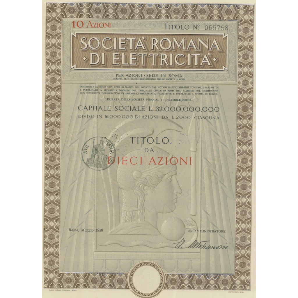 SOC. ROMANA DI ELETTRICITA` - 10 AZIONI ROMA - 1956