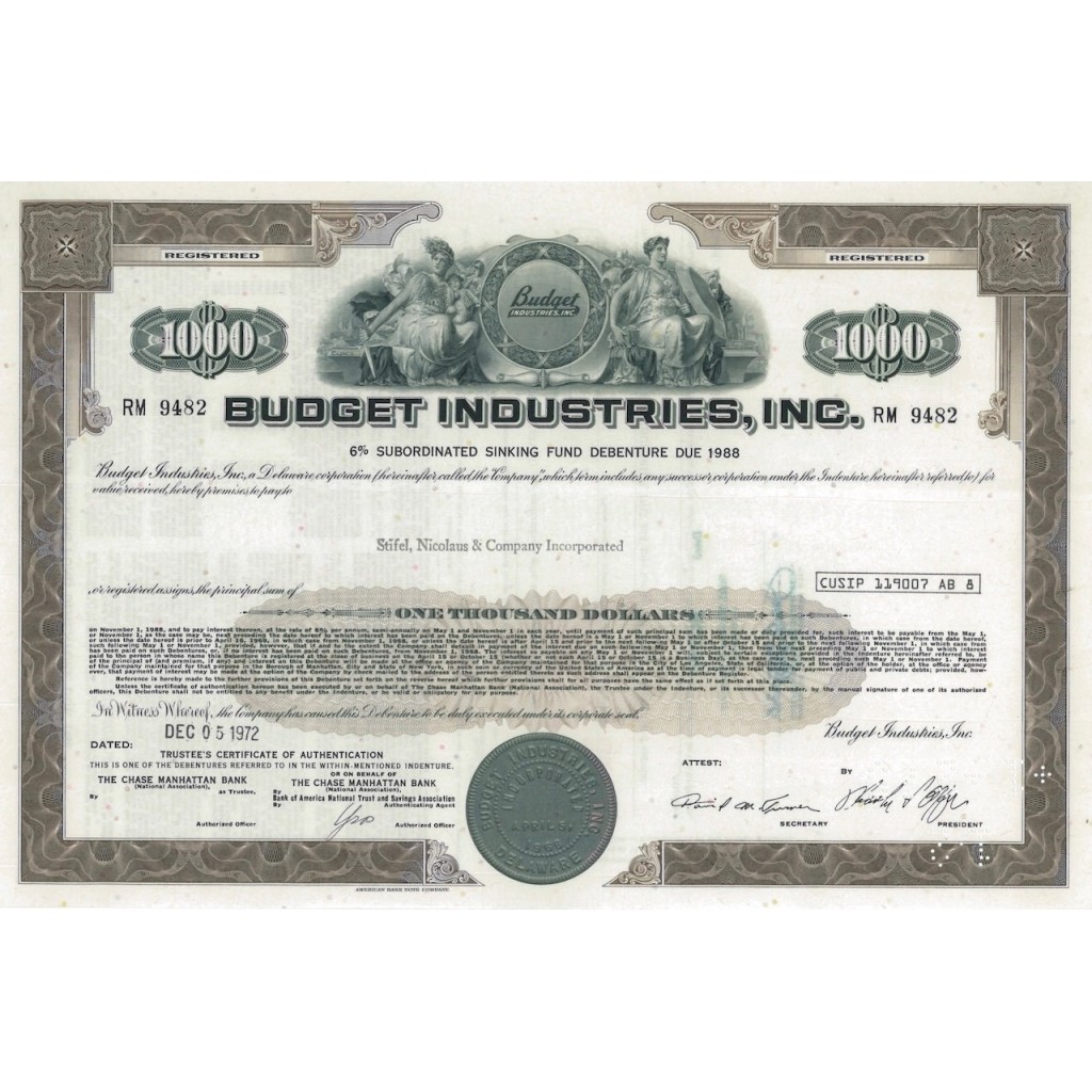 BUDGET INDUSTRIES, INC. 1000 DOLLARI - 1972