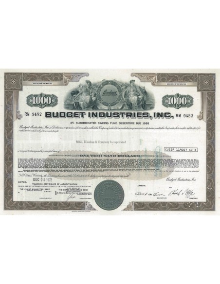 BUDGET INDUSTRIES, INC. 1000 DOLLARI - 1972