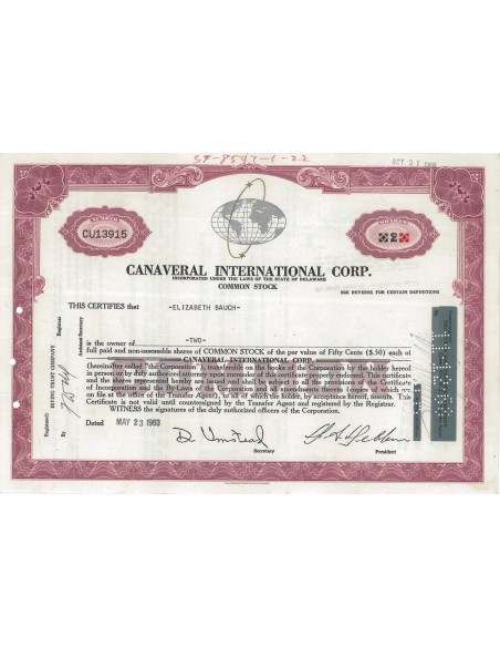 CANAVERAL INTERNATIONAL CORP. 2 AZIONI - 1963