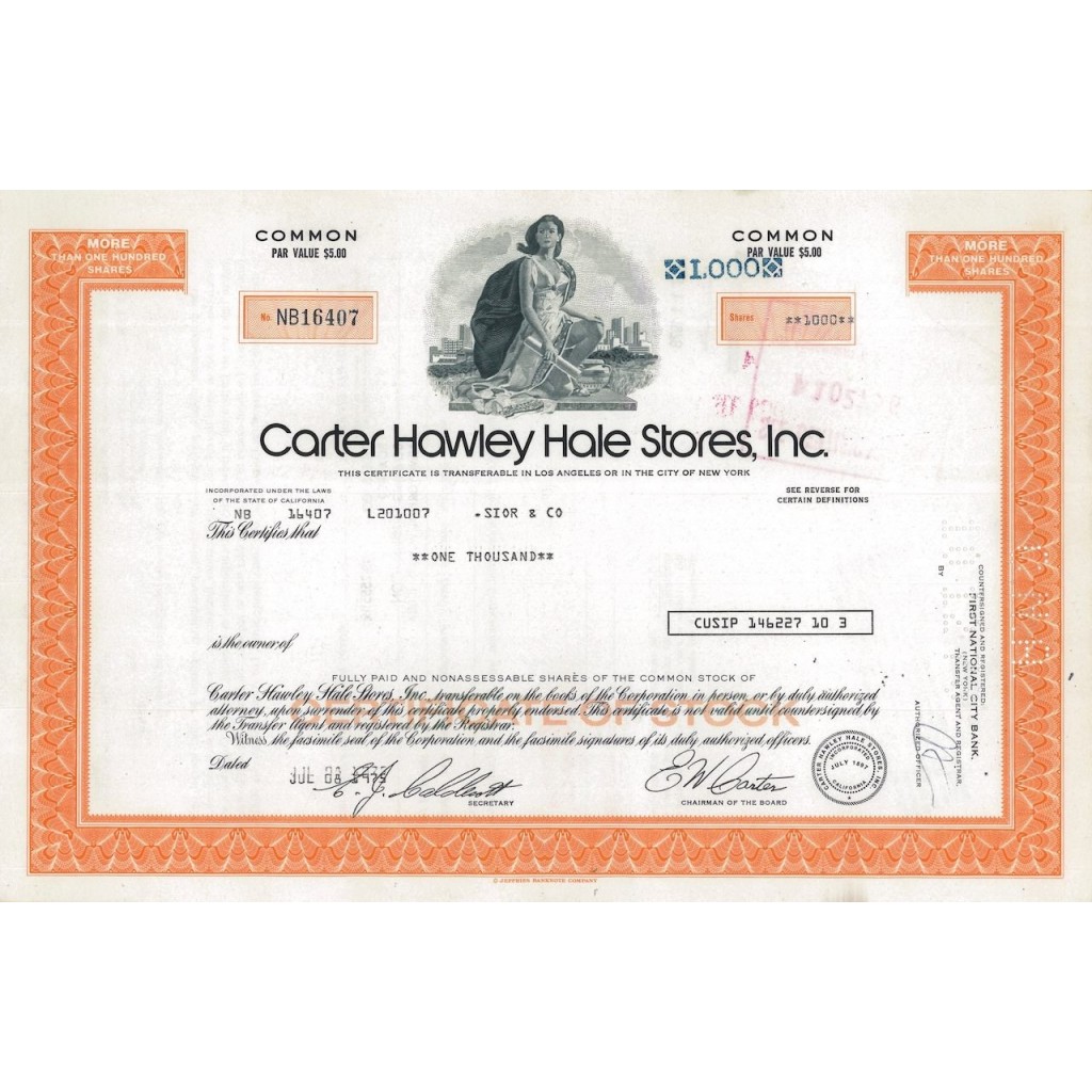CARTER HAWLEY HALE STORES, INC. - 1000 AZIONI - 1975