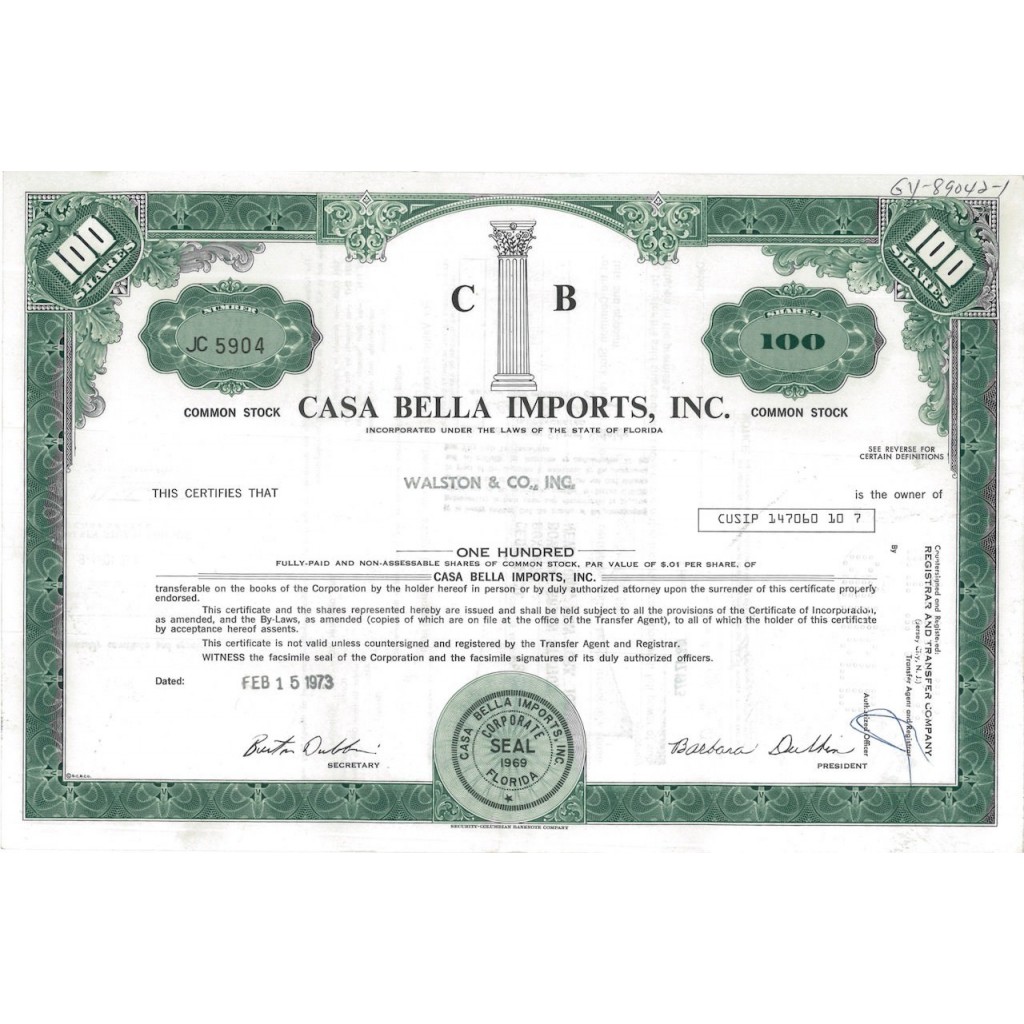 CASA BELLA IMPORTS, INC. 100 AZIONI - 1973