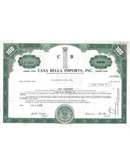 CASA BELLA IMPORTS, INC. 100 AZIONI - 1973
