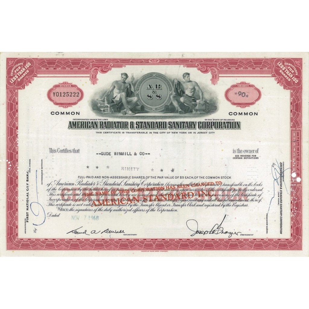 AMERICAN RADIATOR E STANDARD SANITARY CORPORATION 90 AZIONI - 1968