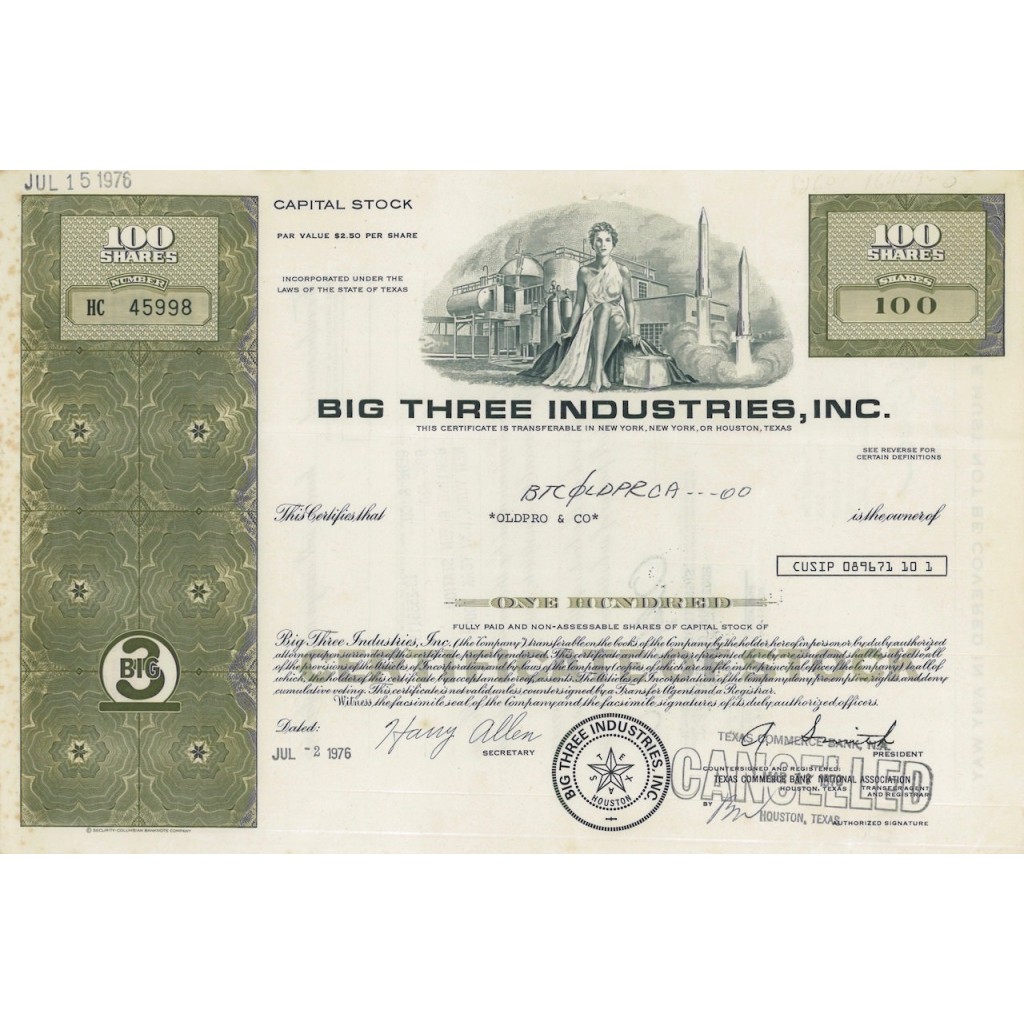BIG THREE INDUSTRIES, INC. 100 AZIONI - 1976