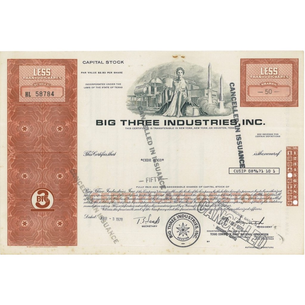 BIG THREE INDUSTRIES, INC. 50 AZIONI - 1978