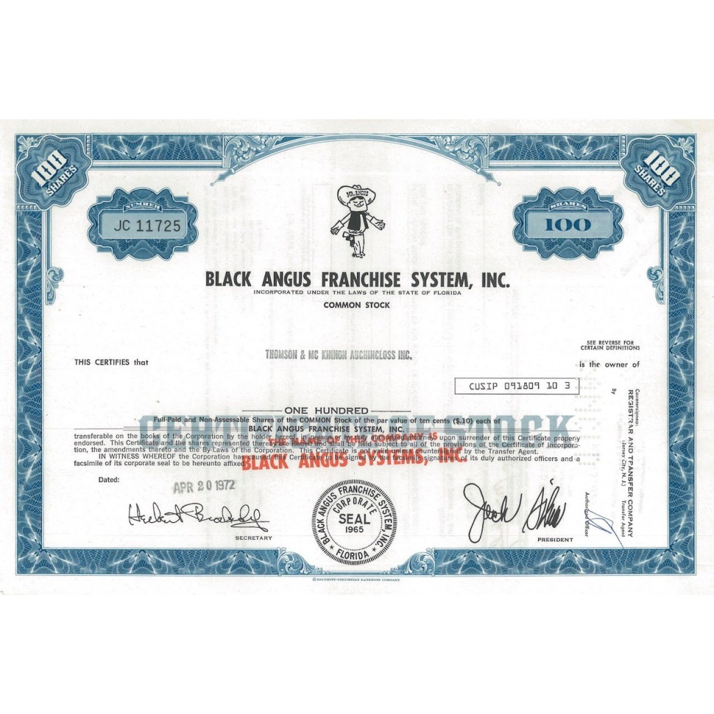 BLACK ANGUS FRANCHISE SYSTEM , INC. 100 AZIONI - 1972