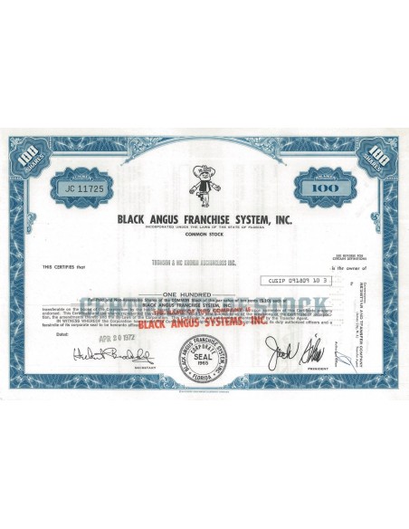 BLACK ANGUS FRANCHISE SYSTEM , INC. 100 AZIONI - 1972