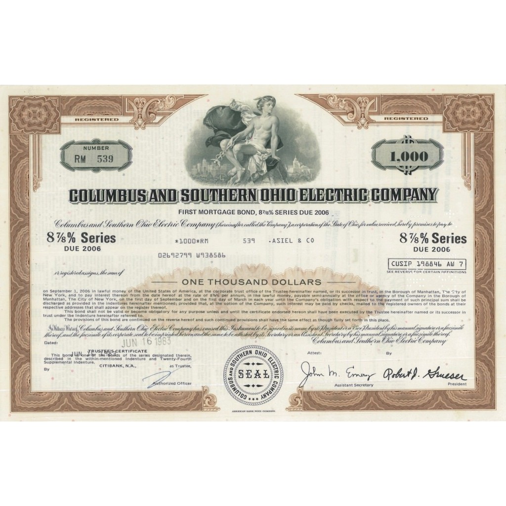 COLUMBUS AND SOUTHERN OHIO ELECTRIC COMPANY 1000 DOLLARI - 1983