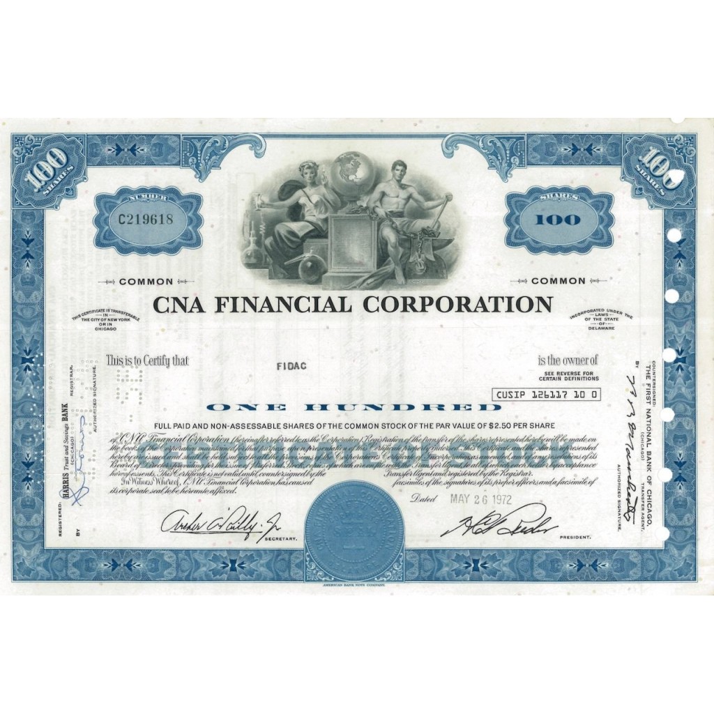 CNA FINANCIAL CORPORATION - 100 AZIONI - 1972