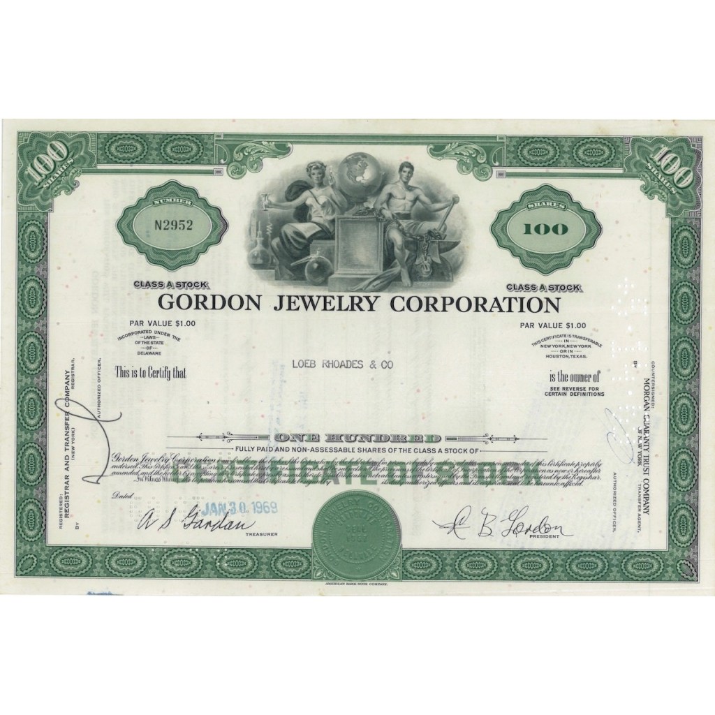 GORDON JEWELRY CORPORATION - 100 AZIONI - 1969