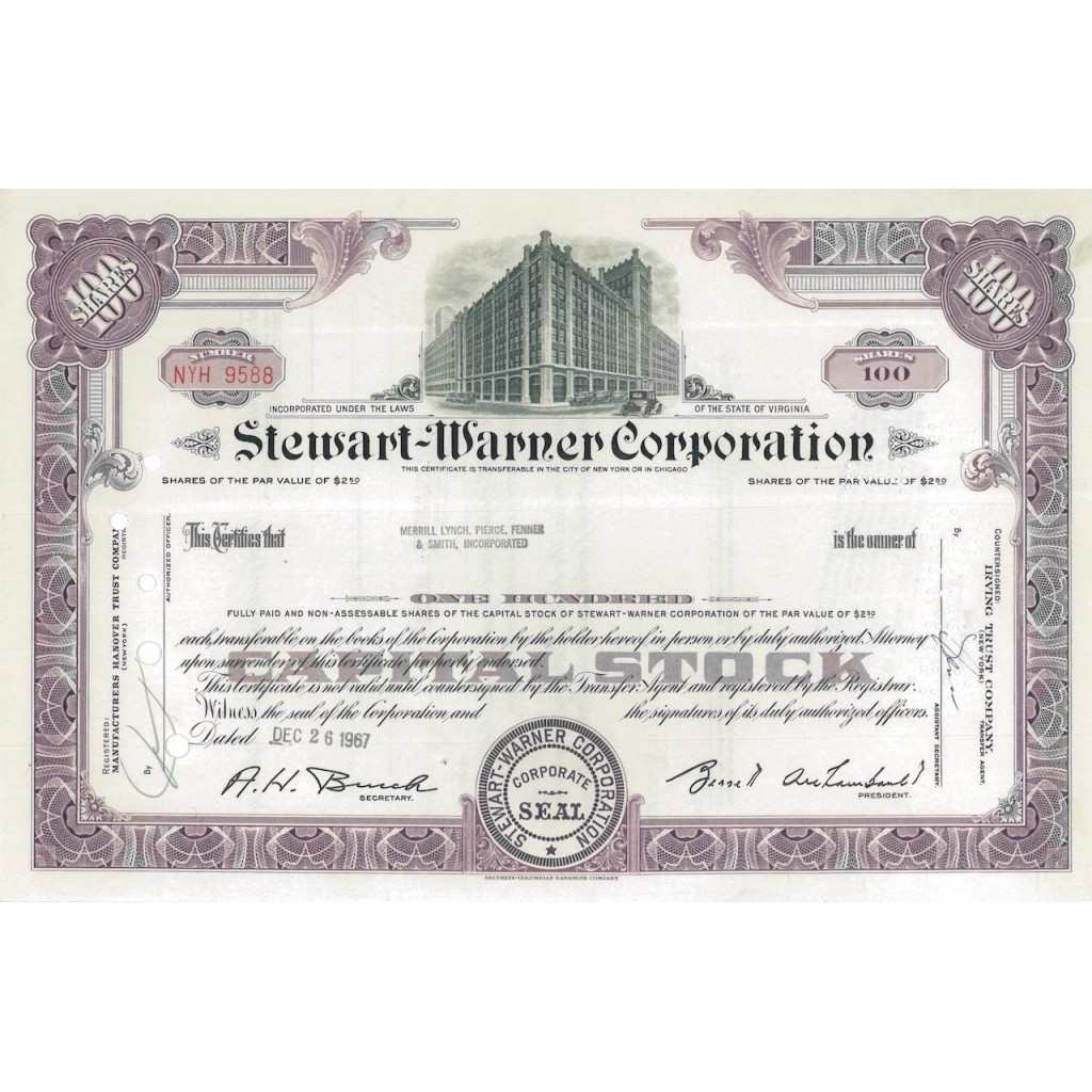 STEWART-WARNER CORPORATION - 100 AZIONI - 1967