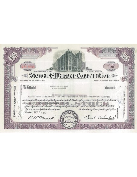 STEWART-WARNER CORPORATION - 100 AZIONI - 1967