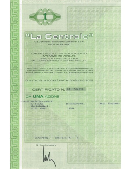 LA CENTRALE - FINANZIARIA GENERALE S.P.A. - 1 AZIONE ROMA 1981