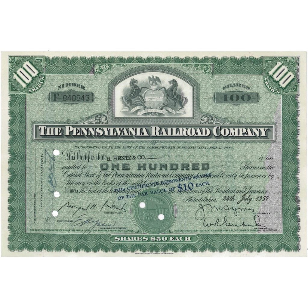 THE PENNSYLVANIA RAILROAD COMPANY - 100 AZIONI - 1957