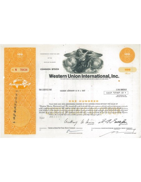 WESTERN UNION INTERNATIONAL, INC. 100 AZIONI - 1971