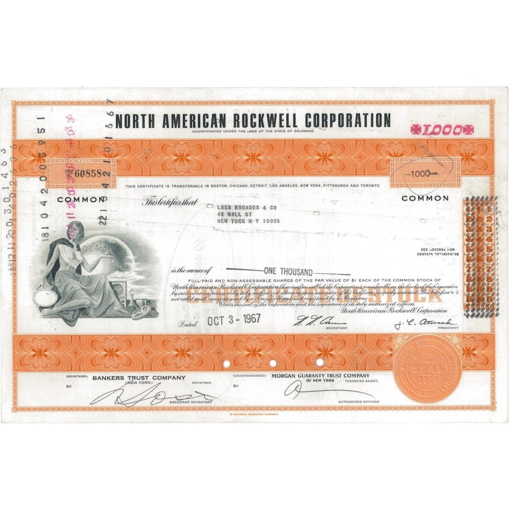 NORTH AMERICAN ROCKWELL CORPORATION - 1000 OBBLIGAZIONI 1967
