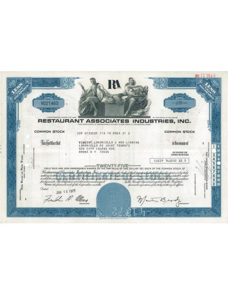 RESTAURANT ASSOCIATES INDUSTRIES, INC. 25 AZIONI - 1971