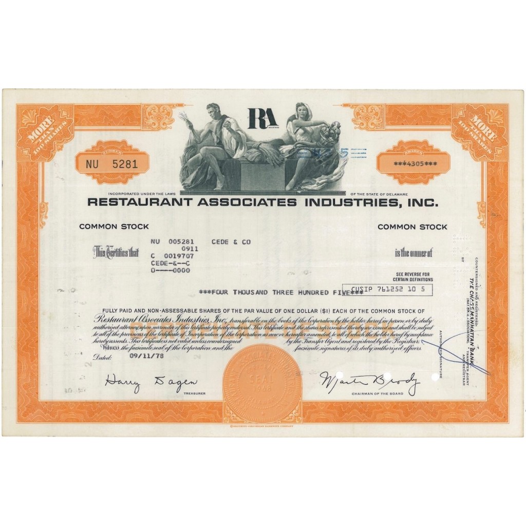 RESTAURANT ASSOCIATES INDUSTRIES, INC. 4305 AZIONI - 1978