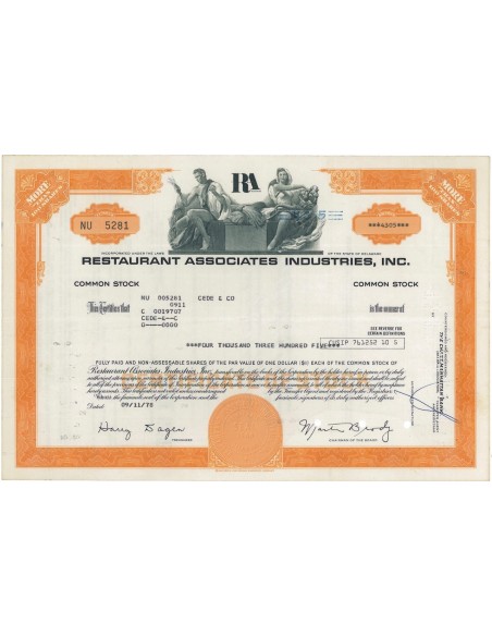 RESTAURANT ASSOCIATES INDUSTRIES, INC. 4305 AZIONI - 1978