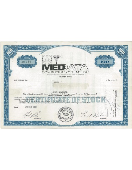 MEDATA COMPUTER SYSTEMS INC. 100 AZIONI - 1969