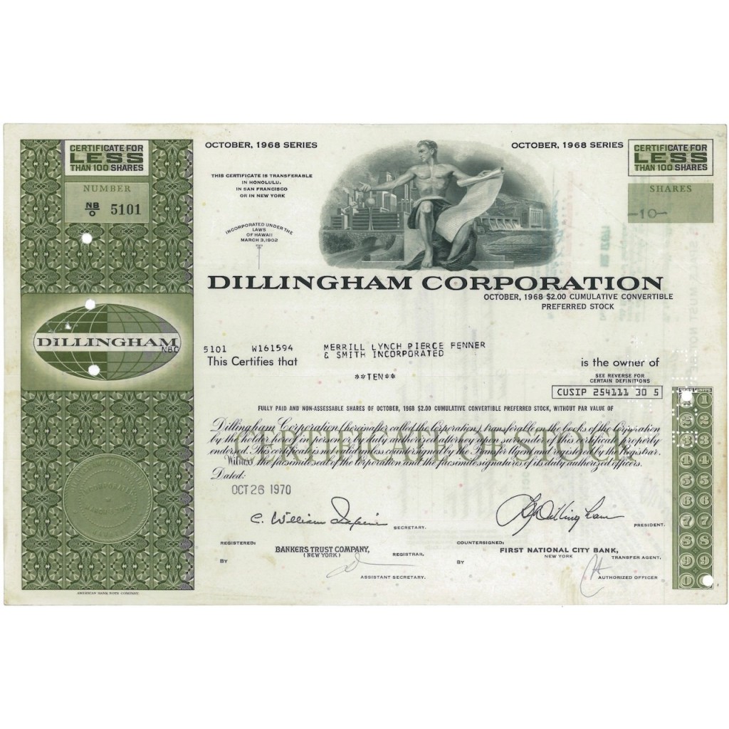 DILLINGHAM CORPORATION - 10 AZIONI - 1970