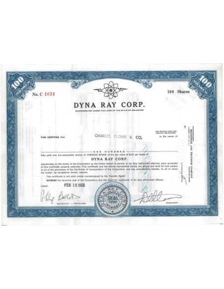 DYNA RAY CORP. - 100 AZIONI - 1968