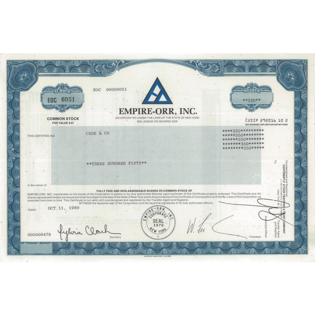EMPIRE-ORR, INC. - 350 AZIONI - 1989