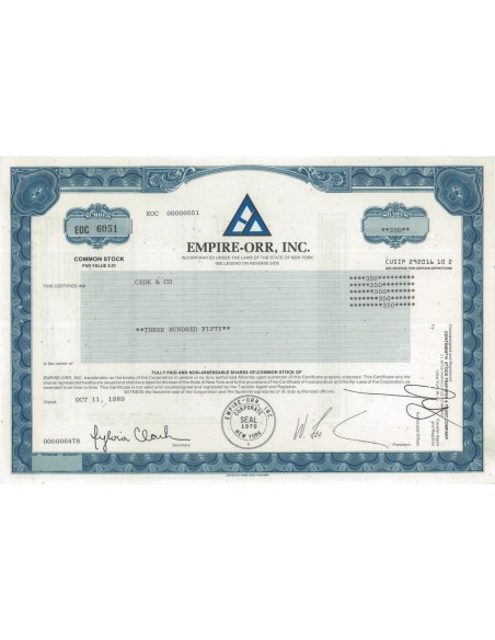 EMPIRE-ORR, INC. - 350 AZIONI - 1989