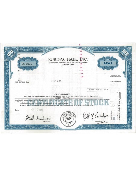 EUROPA HAIR, INC - 100 AZIONI - 1971