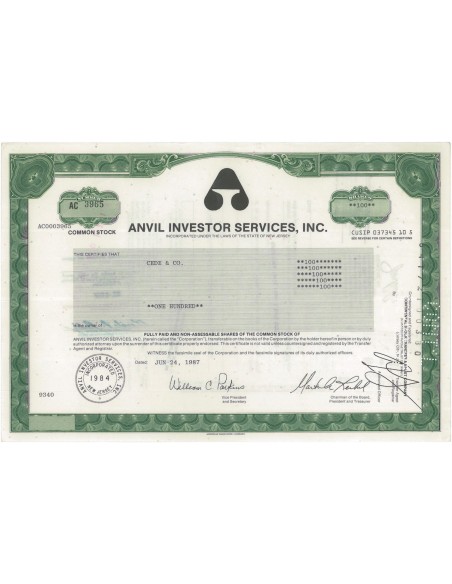 ANVIL INVESTOR SERVICES, INC. - 100 AZIONI - 1987