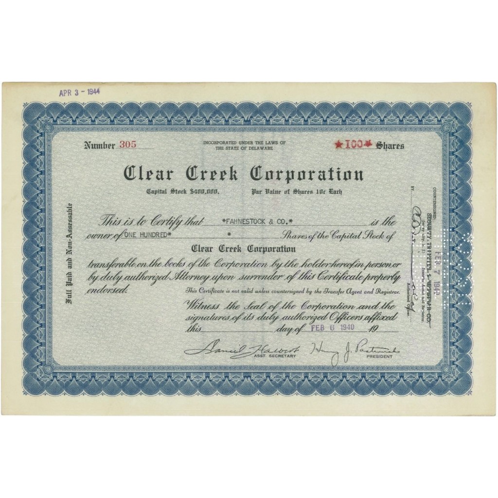 CLEAR CREEK CORPORATION - 100 AZIONI - 1940