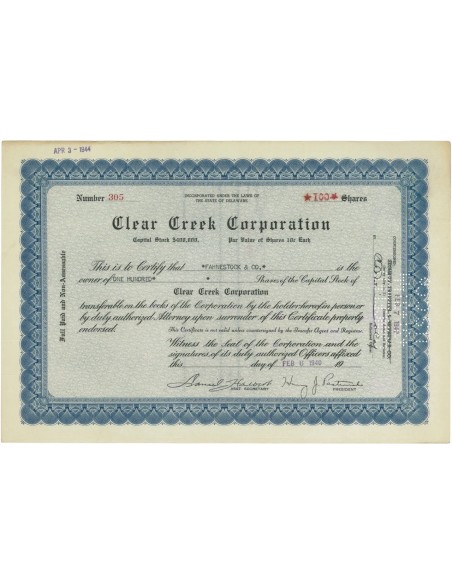 CLEAR CREEK CORPORATION - 100 AZIONI - 1940