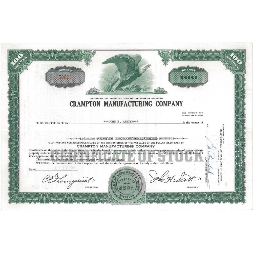 CRAMPTON MANUFACTURING COMPANY - 100 AZIONI - 1964