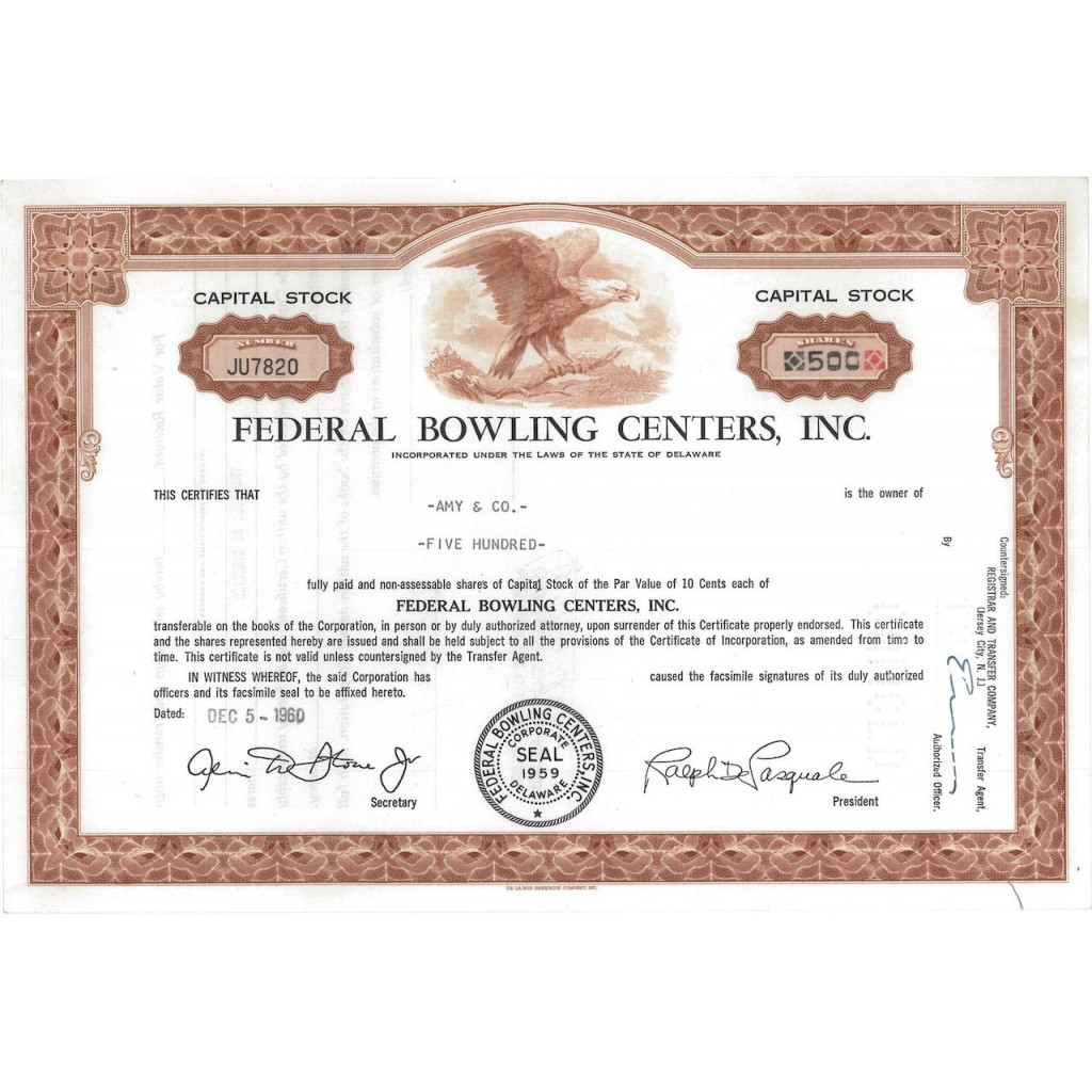 FEDERAL BOWLING CENTERS, INC. - 500 AZIONI - 1960