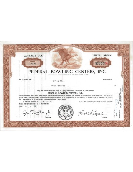 FEDERAL BOWLING CENTERS, INC. - 500 AZIONI - 1960