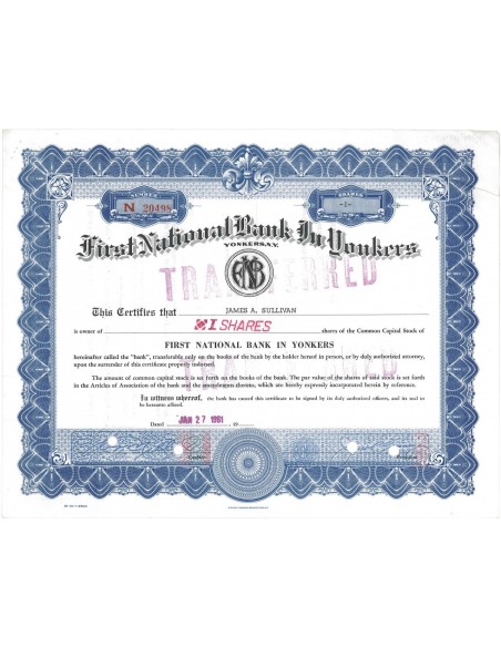 FIRST NATIONAL BANK IN YONKERS - 1 AZIONE - 1961