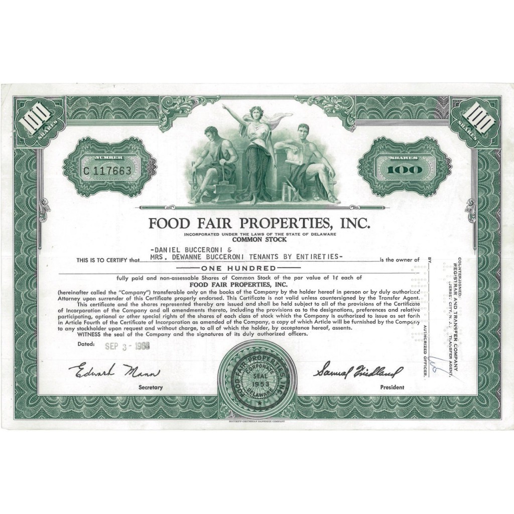 FOOD FAIR PROPERTIES, INC. 100 AZIONI - 1968