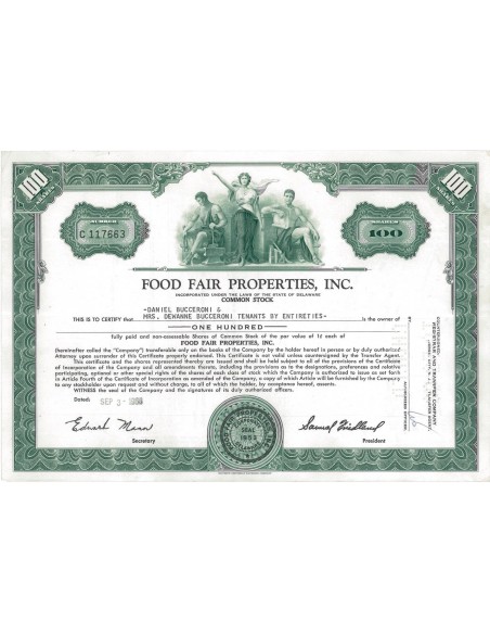 FOOD FAIR PROPERTIES, INC. 100 AZIONI - 1968