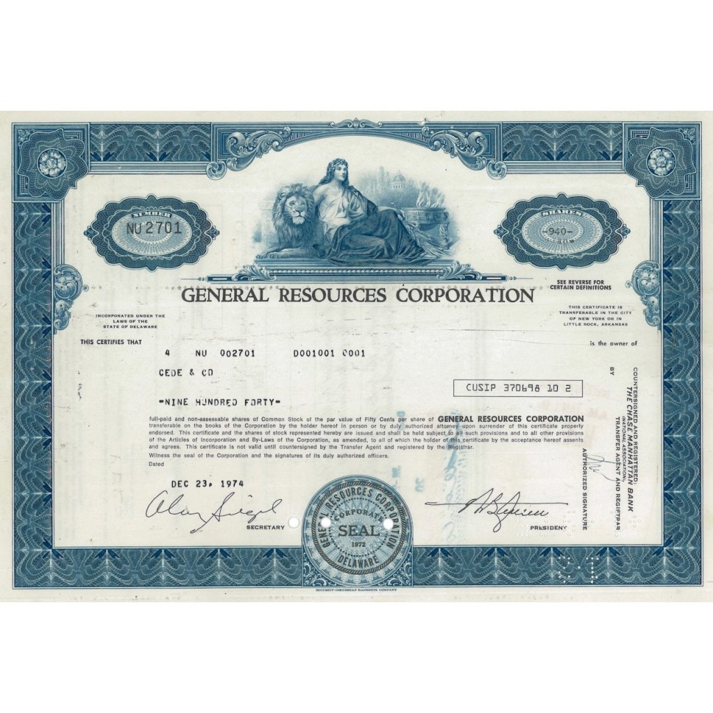 GENERAL RESOURCES CORPORATION - 940 AZIONI - 1974