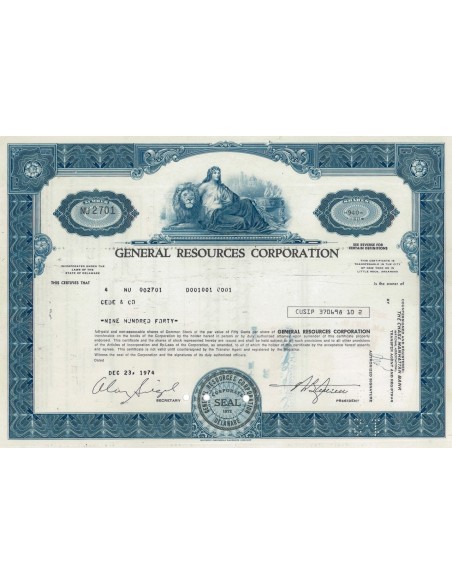 GENERAL RESOURCES CORPORATION - 940 AZIONI - 1974