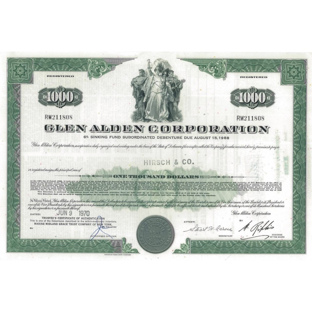 GLEN ALDEN CORPORATION - 1000 DOLLARI - 1970