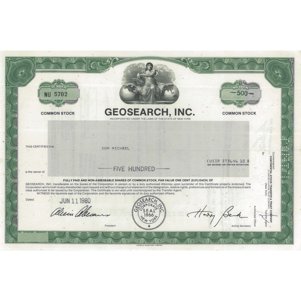 GEOSEARCH, INC - 500 AZIONI - 1980