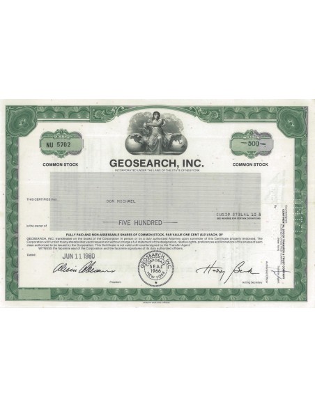 GEOSEARCH, INC - 500 AZIONI - 1980