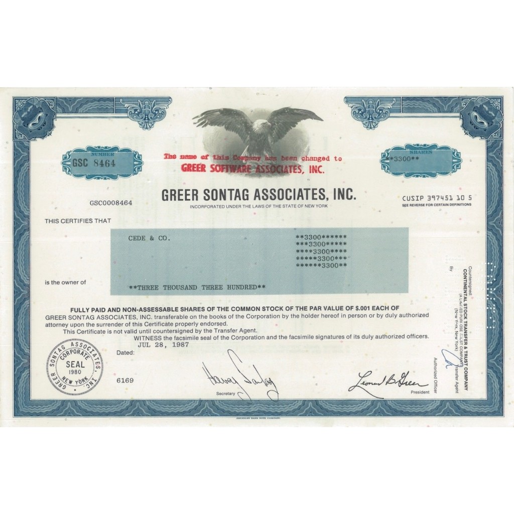 GREER SONTAG ASSOCIATES, INC - 3300 AZIONI - 1987